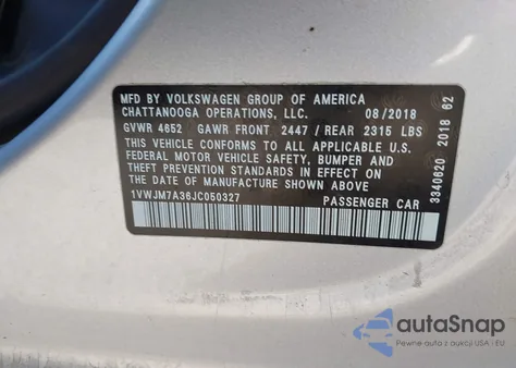 2018 Volkswagen Passat 3.6L V6 Gt из США, поврежденный, VIN 1VWJM7A36JC050327